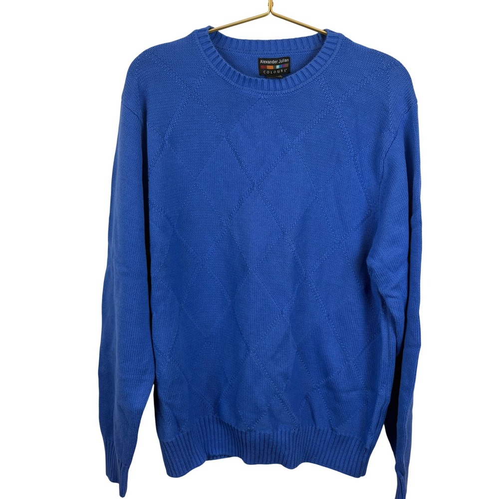 Vintage Grandpa Argyle Cobalt Blue Mens Blue Cotton Textured Sweater Size Larger